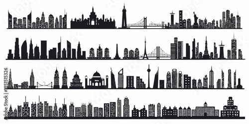 City skylines with iconic buildings and bridges in black silhouette