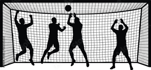 Soccer goalkeeper team silhouette defending goal net, football match action, sports competition, goalkeeping training, athletic jump save concept vector illustration