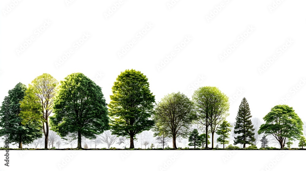 Obraz premium Diverse array of lush green trees against a bright white backdrop, a vibrant nature scene.
