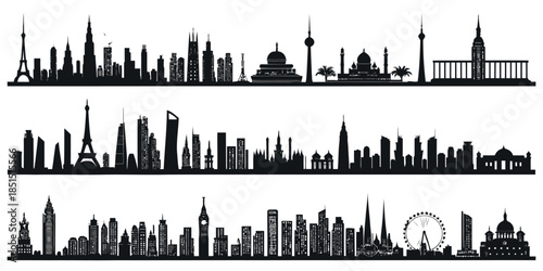 Black silhouettes of famous city skylines from around the world