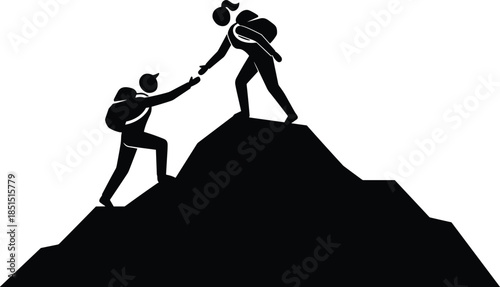 Teamwork success silhouette illustration, climbers helping each other, leadership support, mountain achievement, business cooperation, motivation, partnership concept vector