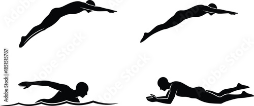 Swimming athlete silhouette illustration, freestyle swimmer poses, diving motion sequence, sports training, fitness activity, competitive swimming concept, vector design