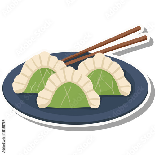Dumplings with Chopsticks on Plate - Flat Icon