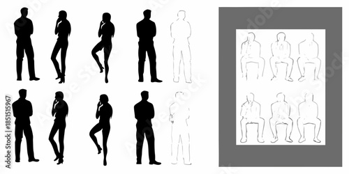 Silhouettes of people in varying poses both solid and outlined displayed artfully