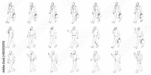 Line art illustration depicting multiple figures of men in business attire walking