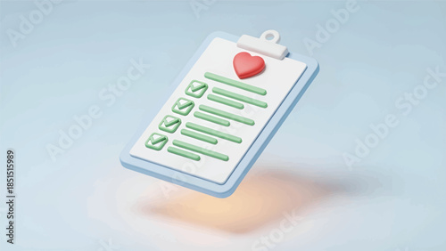 Floating clipboard with heart and green checked checklist on soft blue background with warm glow sun
