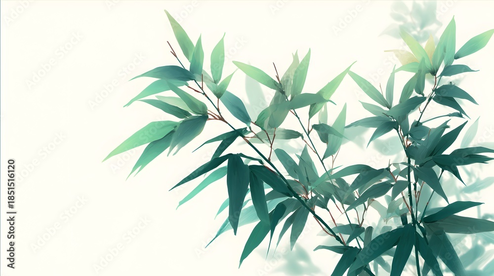 Fototapeta premium Elegant Bamboo Branch with Lush Green Leaves Against a Soft White Background.