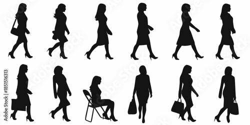 Silhouettes of women walking in various poses and with different accessories
