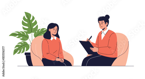 Female psychologist providing therapy to a sad young woman during a counseling session in a comfortable office with a plant.