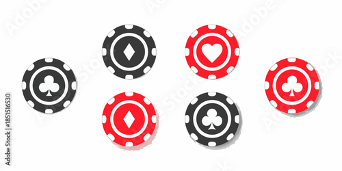 A collection of casino chips with different suit symbols in black and red