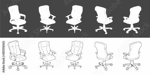 Illustrations of office chairs in various perspectives and styles line art