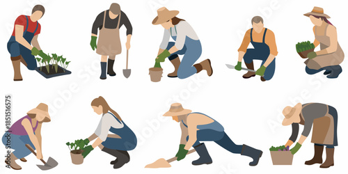 A collection of people gardening and tending to plants in various poses