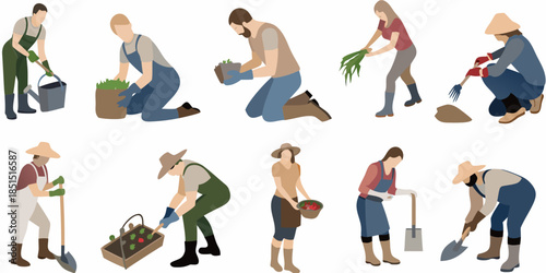 Diverse group of people gardening planting and tending to their crops