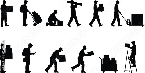 Warehouse worker silhouettes set, delivery and logistics people carrying boxes and using equipment isolated on white background, industry labor vector illustration