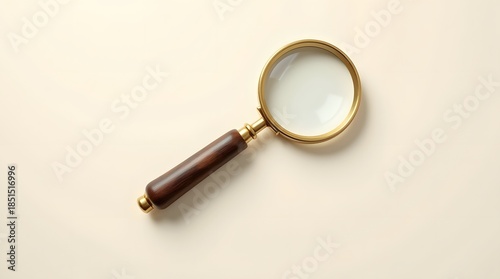 a classic vintage magnifying glass with a polished brass rim and a dark wooden handle featuring subtle natural wear