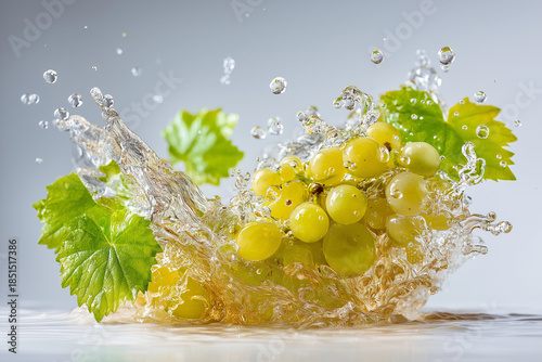 Dynamic splash of crisp white wine hitting a cluster of green grapes on a light background