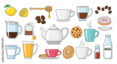 Set of colorful icons for a coffee and tea break, including cups, a teapot, coffee beans, snacks, and other beverages.