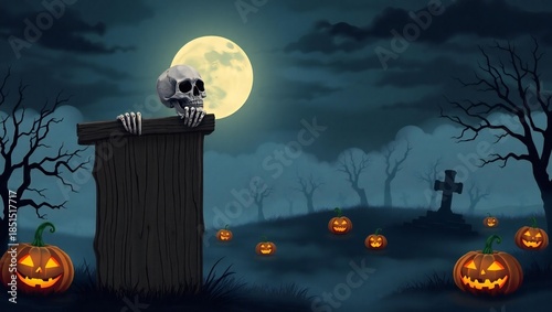 Spooky halloween night cemetery scene with jack-o'-lanterns skull and full moon under a moonlit sky white background