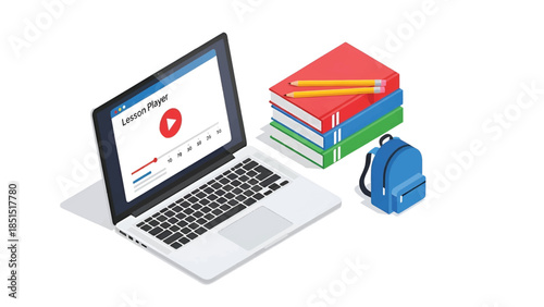 Isometric laptop showing lesson player beside stacked textbooks, pencils and a blue backpack online