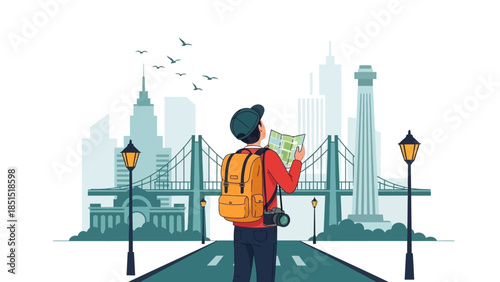 Traveler exploring a vibrant city, navigating with a map, looking at the urban skyline