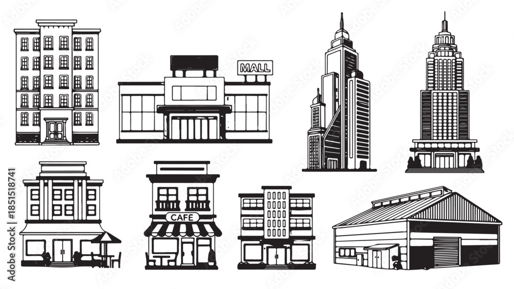 Fototapeta premium A simple vector illustration showing a set of black city buildings and houses forming an urban skyline with icons of offices towers homes and factories