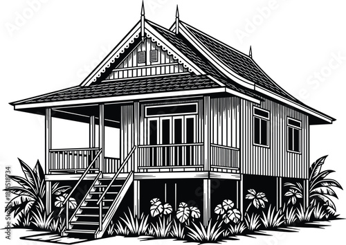 Traditional Southeast Asian Stilt House Vector Illustration, Classic Thai or Malay Wooden Home, Tropical Architecture with Elevated Porch and Staircase, Black and White Engraving Style.