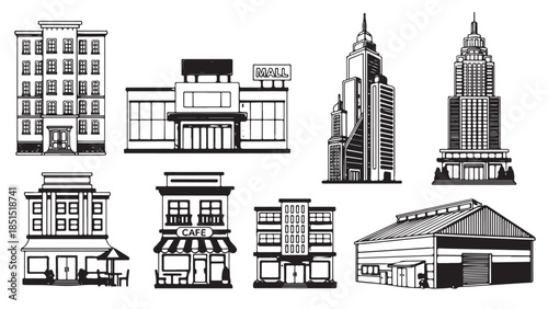 A simple vector illustration showing a set of black city buildings and houses forming an urban skyline with icons of offices towers homes and factories