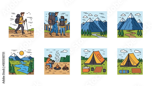 Outdoor Adventure Set: People Hiking, Camping, and Exploring Mountain Nature