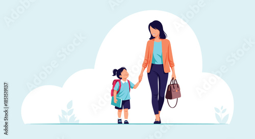Caring mother holding her young daughter's hand while walking her to school for the first day, ready with a backpack.