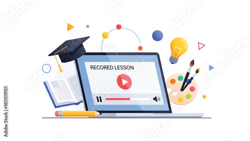Laptop displaying recorded lesson player with graduation cap, open book, pencil, paint palette plus