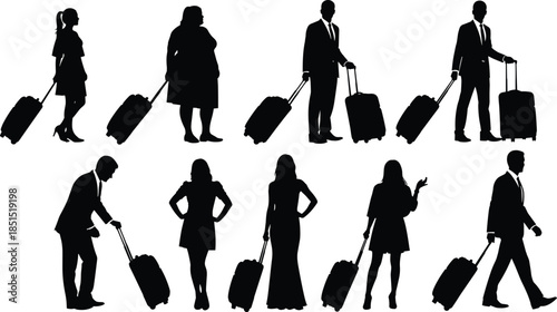 Travelers with suitcases silhouettes set, vector collection of business people and tourists walking with luggage, black figures isolated on white background.