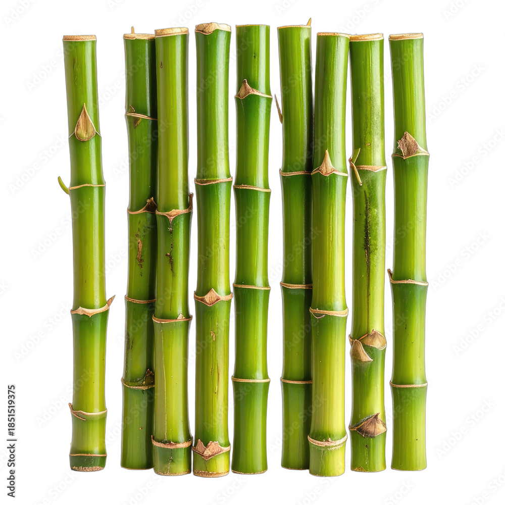 Obraz premium A vertical arrangement of vibrant green bamboo stalks against a stark black background.