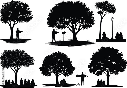 Tree silhouettes, violin players, music stand, outdoor performance, peaceful park scene, group sitting, streetlamp, nature interaction, artistic vector, social gathering, relaxing moment