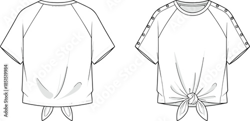 Women short sleeve knotted t shirt cad drawing flat vector illustration fashion technical sketch front back view design