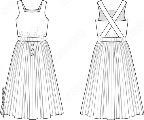 Women sleeveless pleated maxi dress cad drawing flat vector illustration fashion technical sketch front back view design