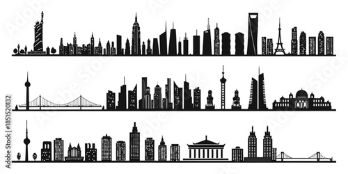 Black silhouettes of famous city skylines from around the world
