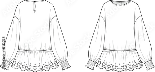 Women peplum blouse cad drawing flat vector illustration fashion technical sketch long sleeve top apparel design isolated