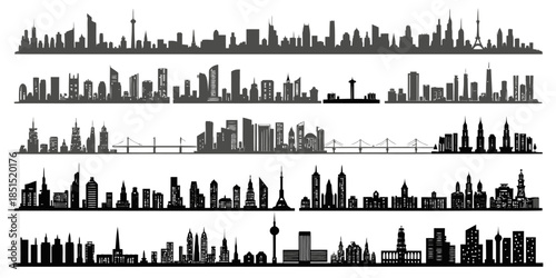 City skylines with iconic buildings and bridges in silhouette