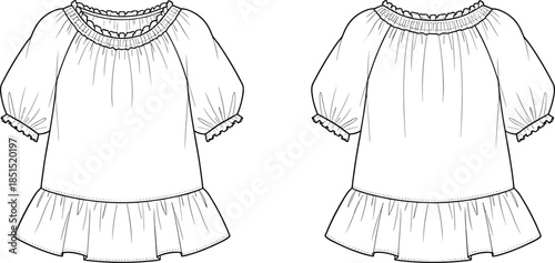 Women ruffle neckline peplum blouse cad drawing flat vector illustration fashion technical sketch short sleeve top design