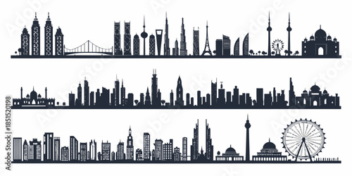 City skylines with iconic landmarks and modern architecture