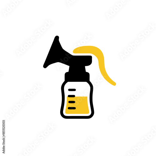 Clean and modern vector artwork of a breast pump, featuring a yellow liquid indicating milk, representing newborn feeding, maternal support, and healthy baby development