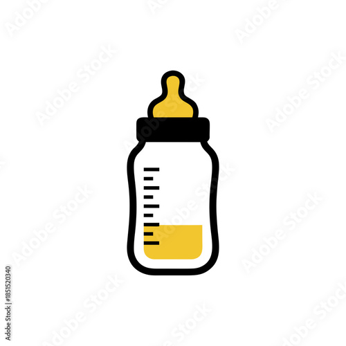 Simple vector illustration of a baby bottle with yellow liquid and measurement markings, isolated on a white background