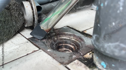 Smoke from drainage sewage pipe close up shot.