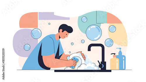 Person washing soapy dishes at a kitchen sink, surrounded by bubbles, faucet, and soap plus bottles