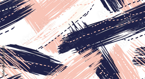 Seamless abstract pattern with energetic navy and pink brush strokes and dashed lines on a clean white background for textiles.