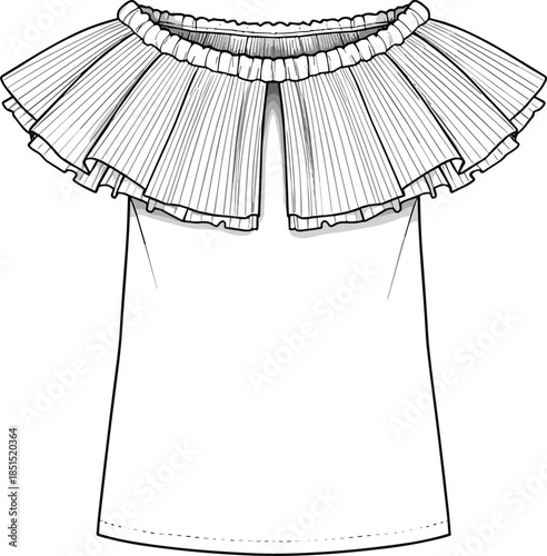 Women off shoulder ruffle top technical sketch CAD flat vector illustration of pleated collar fashion blouse design