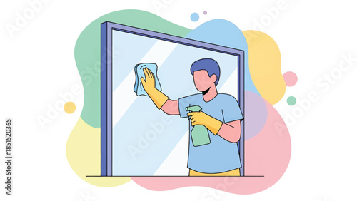 Person wearing yellow gloves sprays and wipes a large window with cloth, colorful abstract backdrop