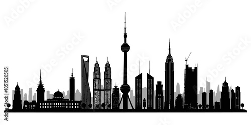 Modern city skyline with iconic skyscrapers and towers