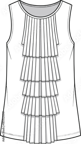 Women sleeveless pleated ruffle top technical sketch CAD flat vector illustration of layered fashion blouse clothing pattern