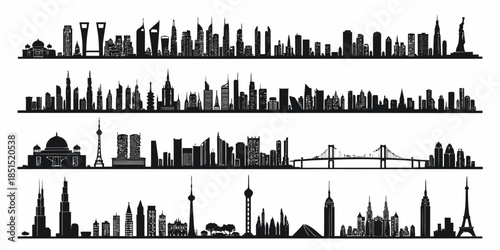 City skylines from around the world in black silhouette
